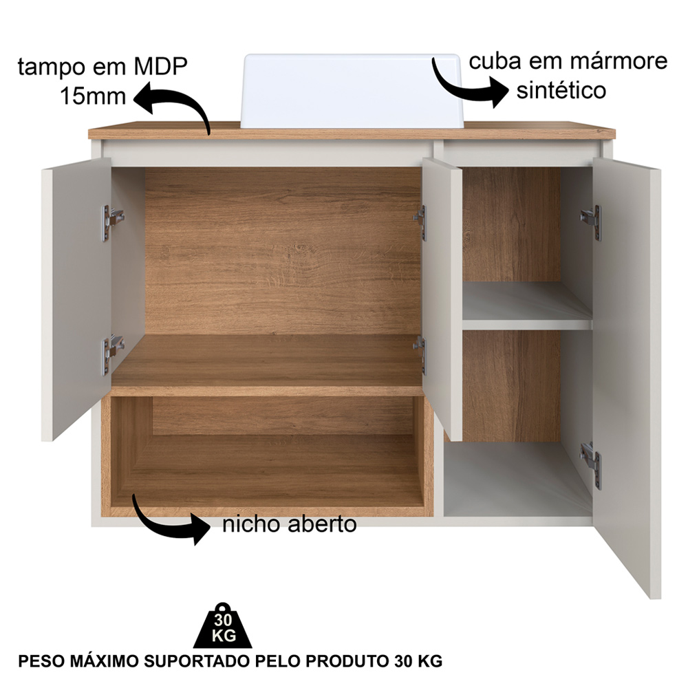 Conjunto Gabinete Suspenso 80 cm Com Cuba BL9220 Mell Arenas FAEM