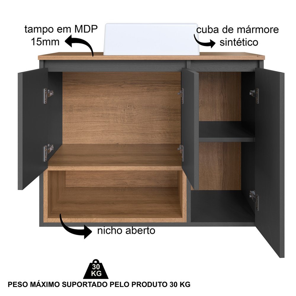 Conjunto Gabinete Suspenso 80 cm Com Cuba BL9220 Mell Grafite FAEM