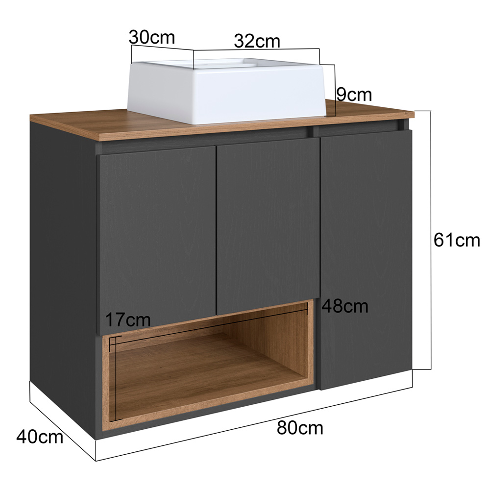 Conjunto Gabinete Suspenso 80 cm Com Cuba BL9220 Mell Grafite FAEM