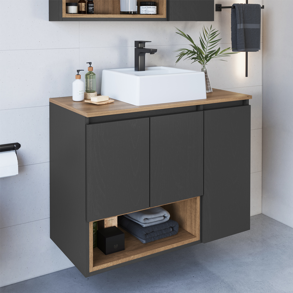 Conjunto Gabinete Suspenso 80 cm Com Cuba BL9220 Mell Grafite FAEM