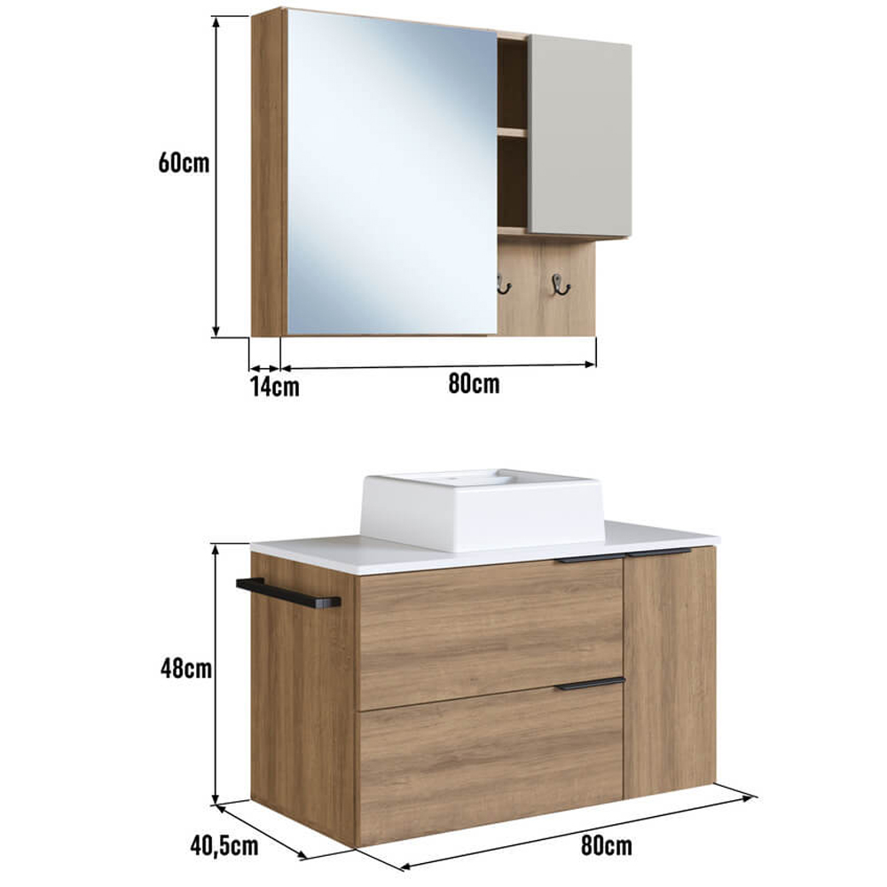 Conjunto Gabinete com Cuba e Espelheira 80cm Mel Branco Arenas PRODDY