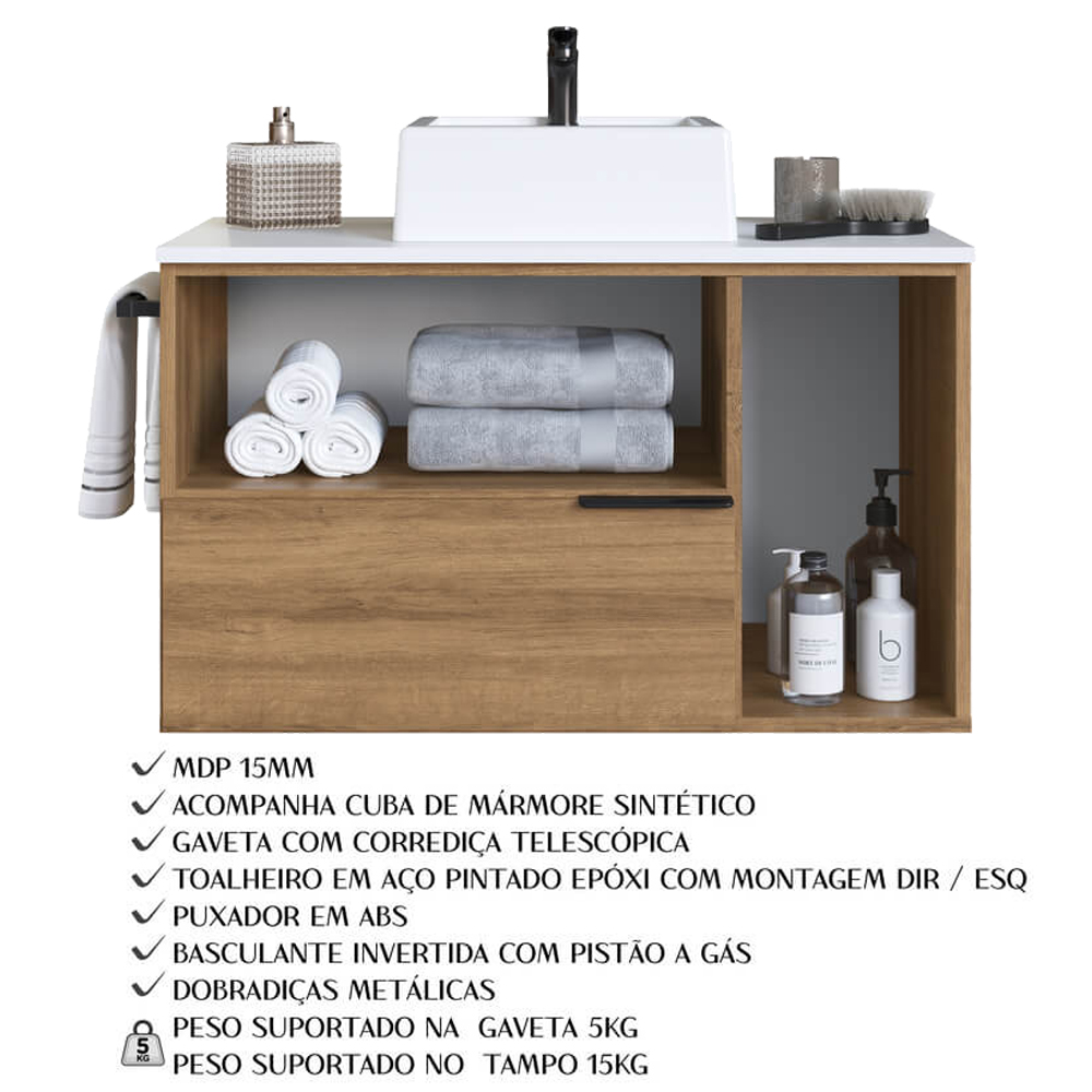 Conjunto Gabinete com Cuba e Espelheira 80cm Mel Branco Arenas PRODDY
