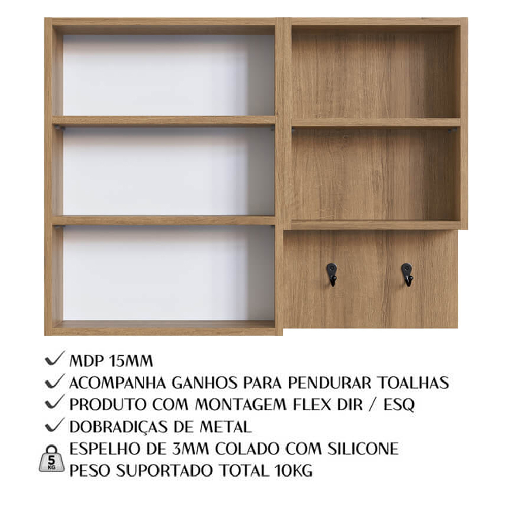 Conjunto Gabinete com Cuba e Espelheira 80cm Mel Branco Arenas PRODDY