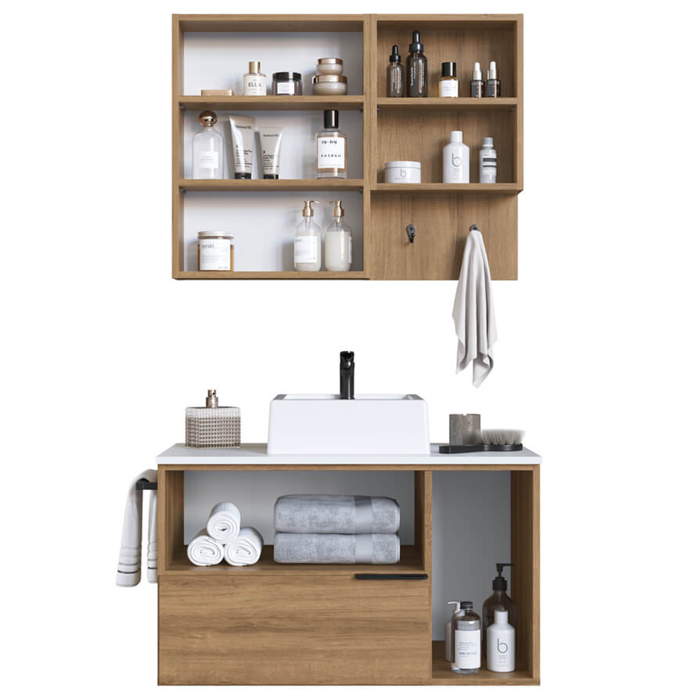 Conjunto Gabinete com Cuba e Espelheira 80cm Mel Branco Arenas PRODDY