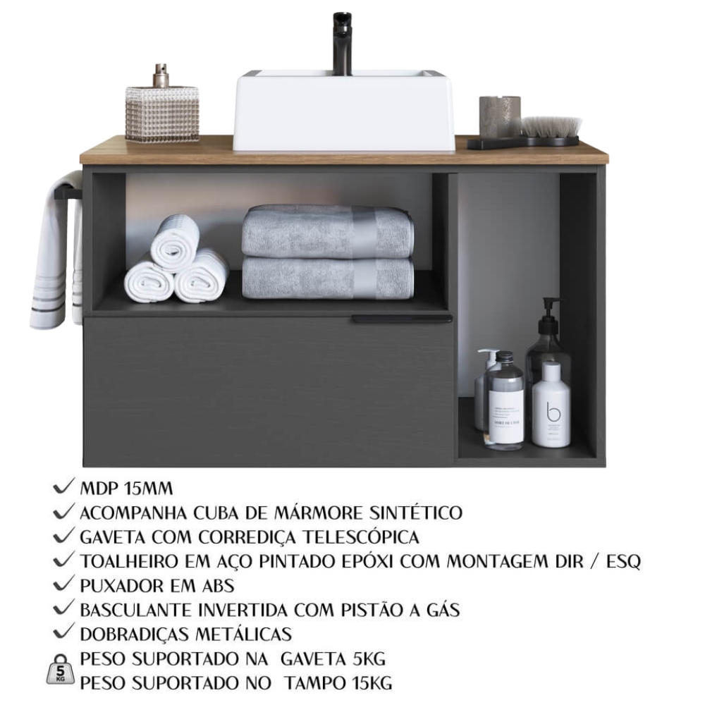 Conjunto Gabinete com Cuba e Espelheira 80cm Mel Grafite PRODDY