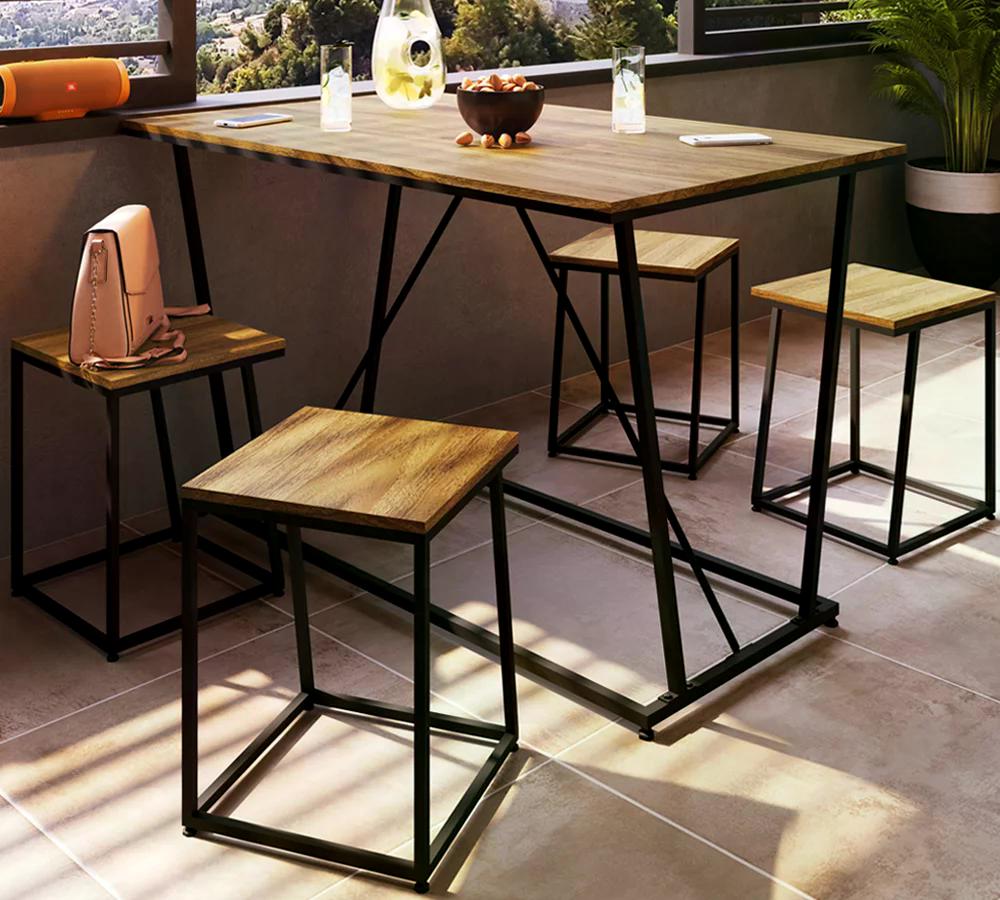 Conjunto Mesa De Jantar 4 Banquetas Baixa Preto Noce Oro PP