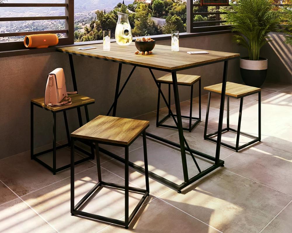 Conjunto Mesa De Jantar 4 Banquetas Baixa Preto Noce Oro PP