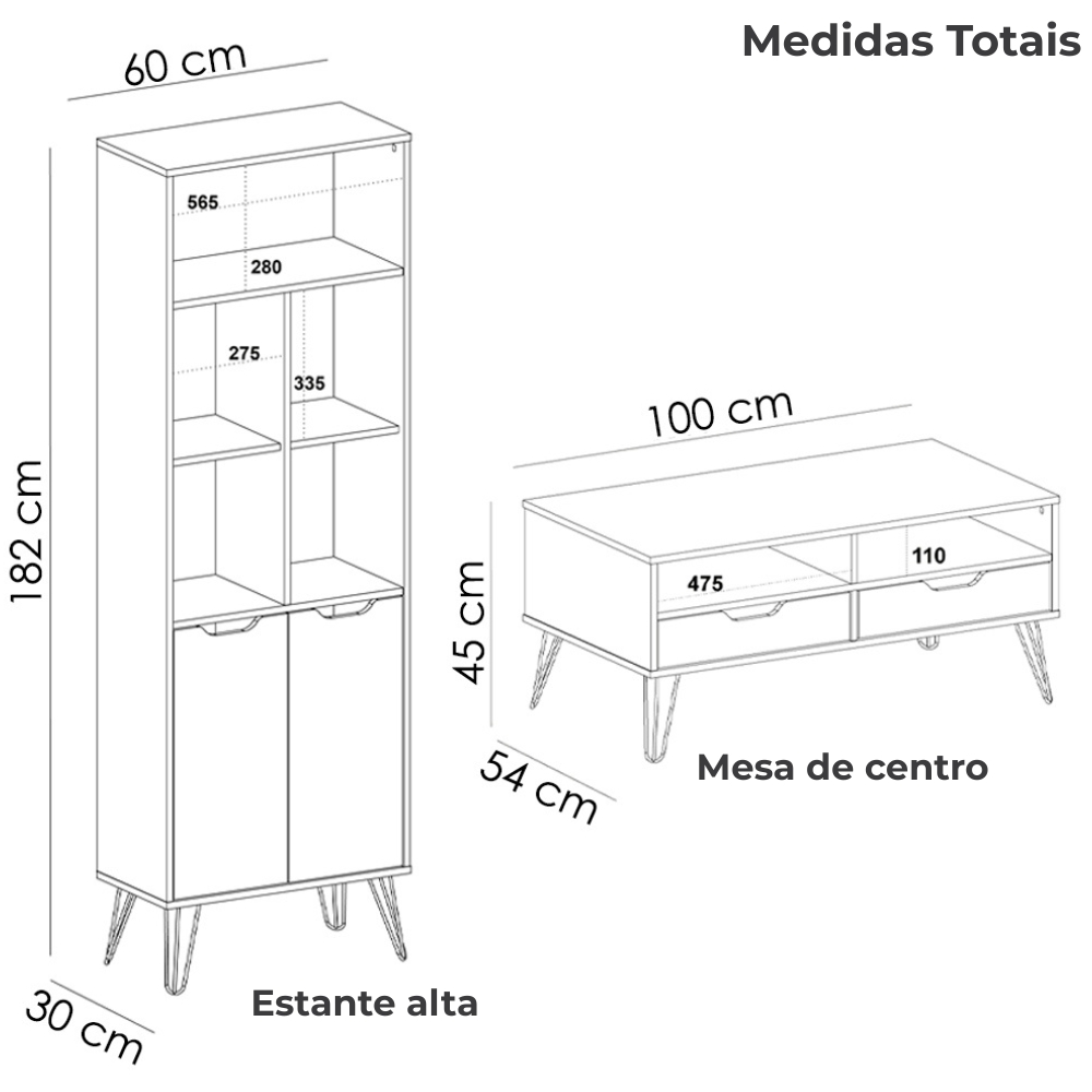 Conjunto Para Sala Rack TV 60 Pol Carvalho Branco Grafite Prata ARLY