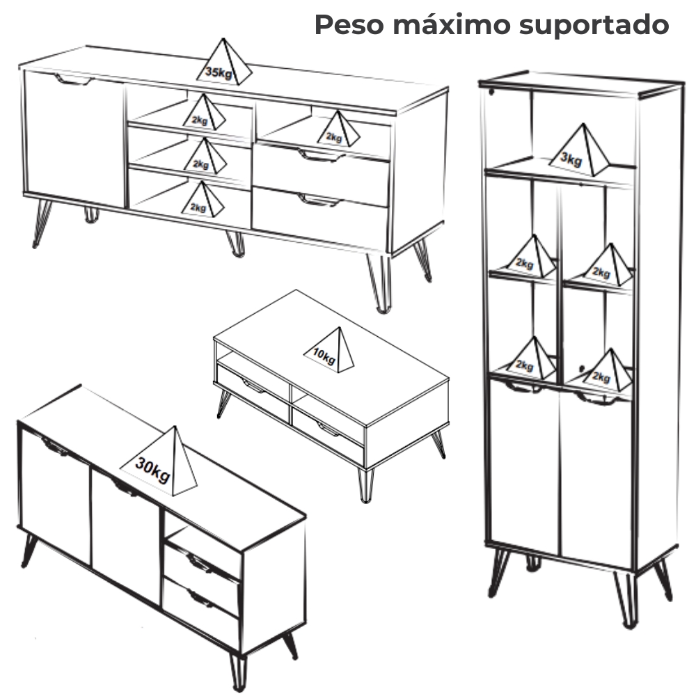 Conjunto Para Sala Rack TV 60 Pol Carvalho Branco Grafite Prata ARLY