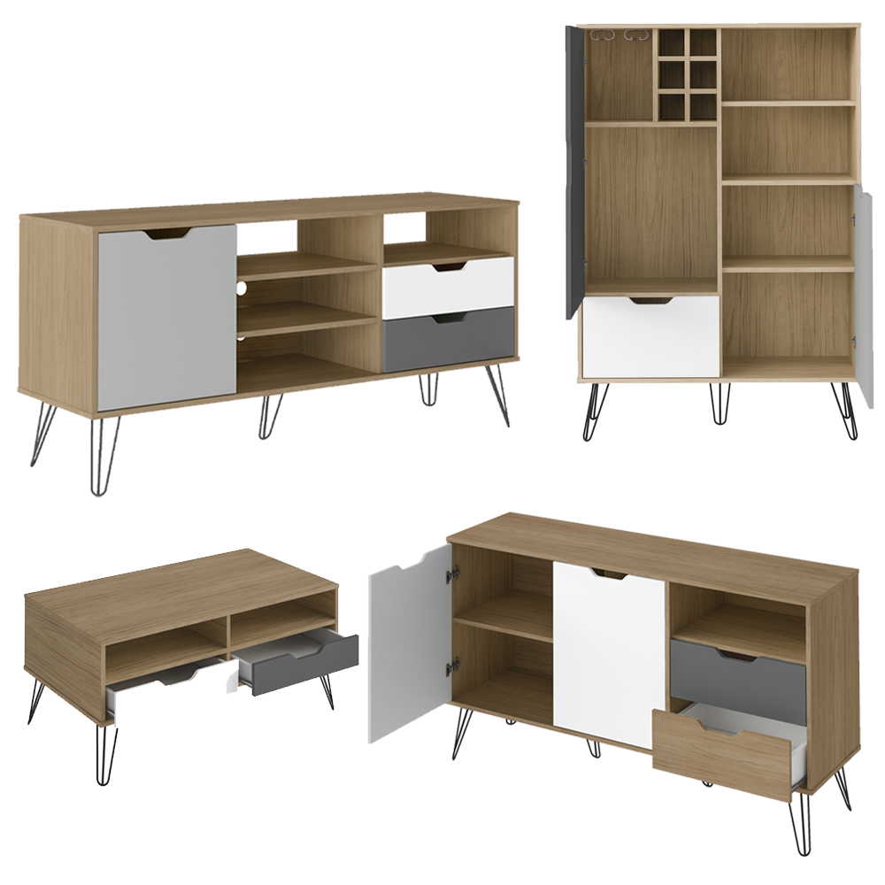 Conjunto Sala Estar Rack TV 60 Pol Carvalho Branco Grafite Prata ARLY