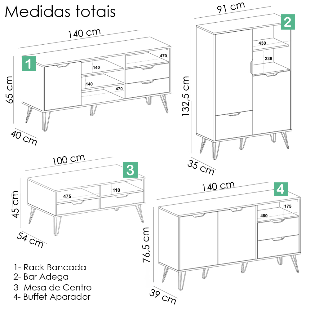 Conjunto Sala Estar Rack TV 60 Pol Carvalho Branco Grafite Prata ARLY