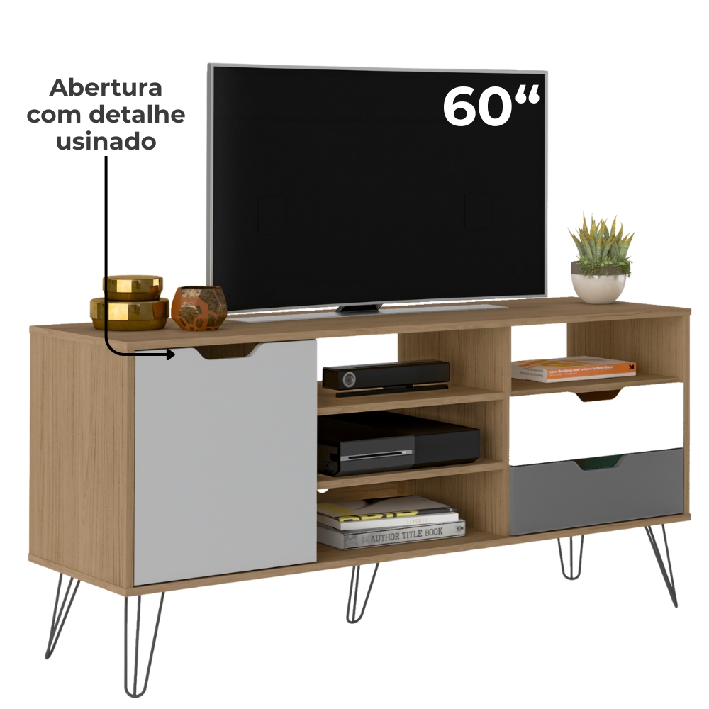 Conjunto Sala Estar Rack TV 60 Pol Carvalho Branco Grafite Prata ARLY