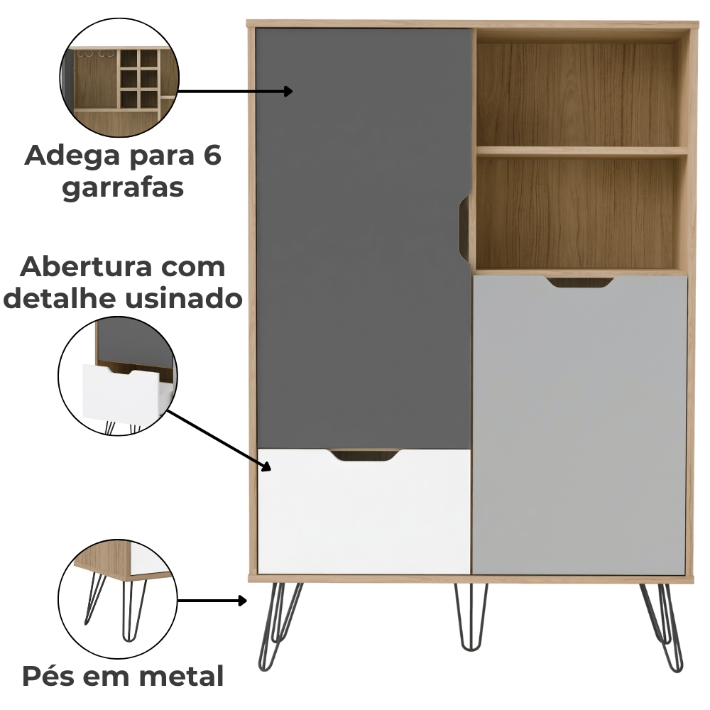 Conjunto Sala Estar Rack TV 60 Pol Carvalho Branco Grafite Prata ARLY