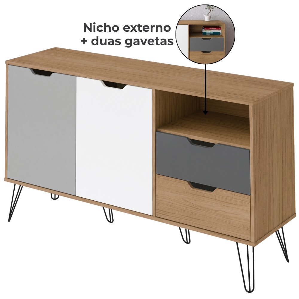 Conjunto Sala Estar Rack TV 60 Pol Carvalho Branco Grafite Prata ARLY