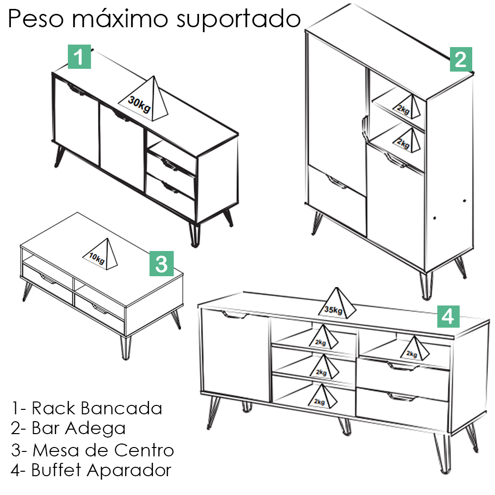 Conjunto Sala Estar Rack TV 60 Pol Carvalho Branco Grafite Prata ARLY