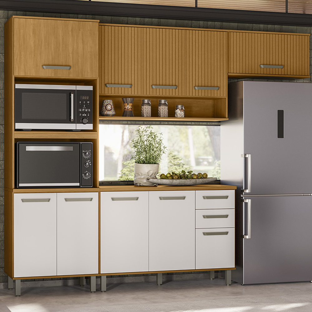 Cozinha 5 Peças Balcão Tampo 270 cm Cria Freijo Ripado Off White PLN