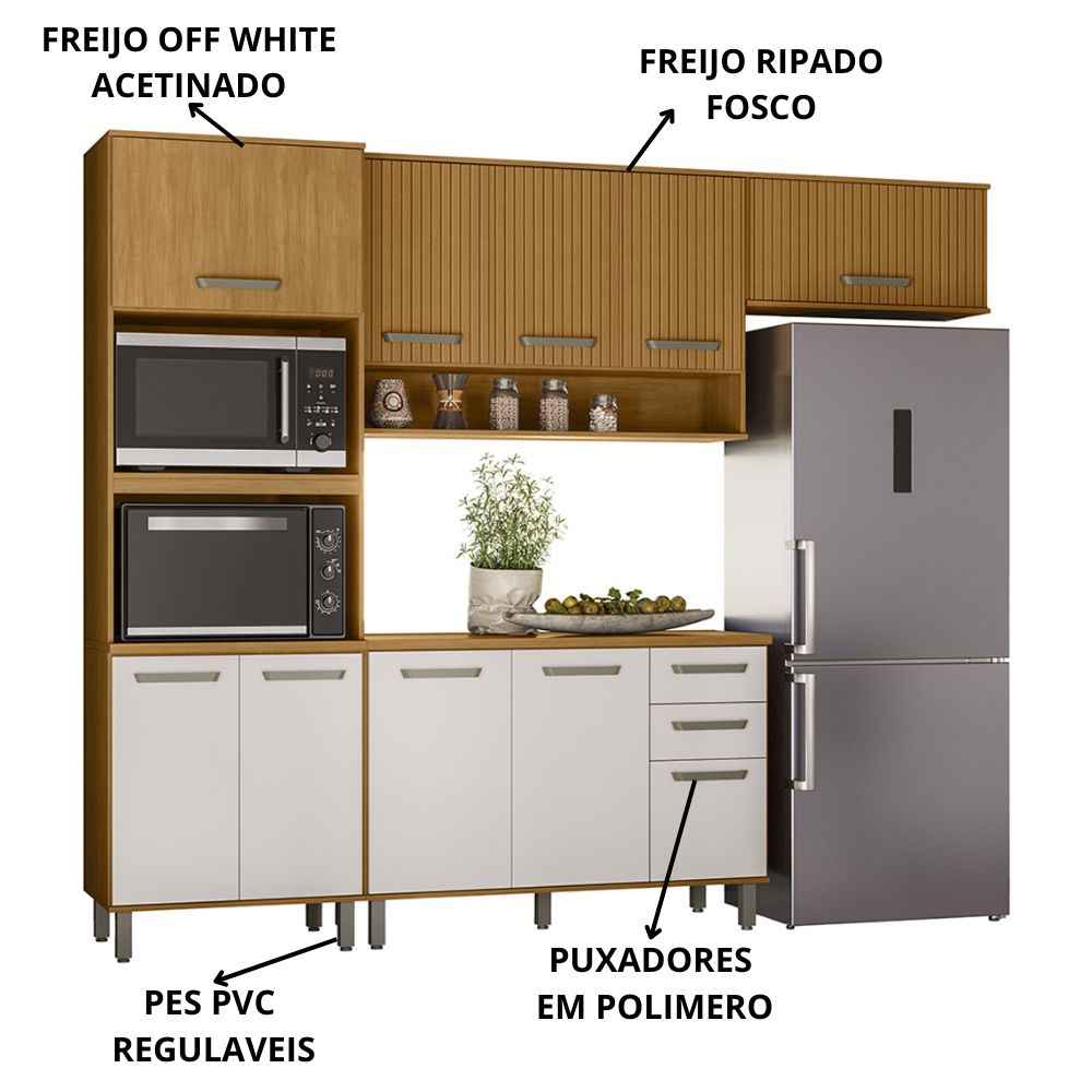 Cozinha 5 Peças Balcão Tampo 270 cm Cria Freijo Ripado Off White PLN