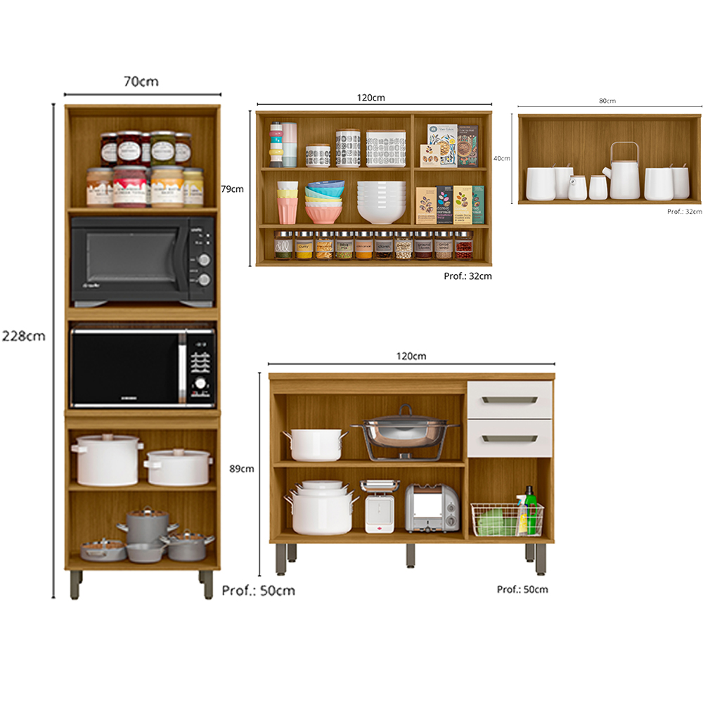 Cozinha 5 Peças Balcão Tampo 270 cm Cria Freijo Ripado Off White PLN
