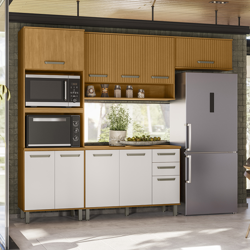 Cozinha 5 Peças Balcão Tampo 270 cm Cria Freijo Ripado Off White PLN