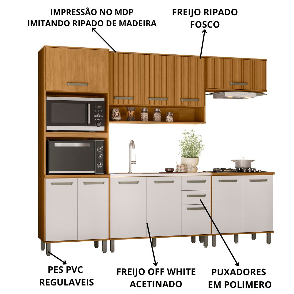 Cozinha 5 Pecas Balcao Pia 270 cm Cria Freijo Ripado Off White PLN