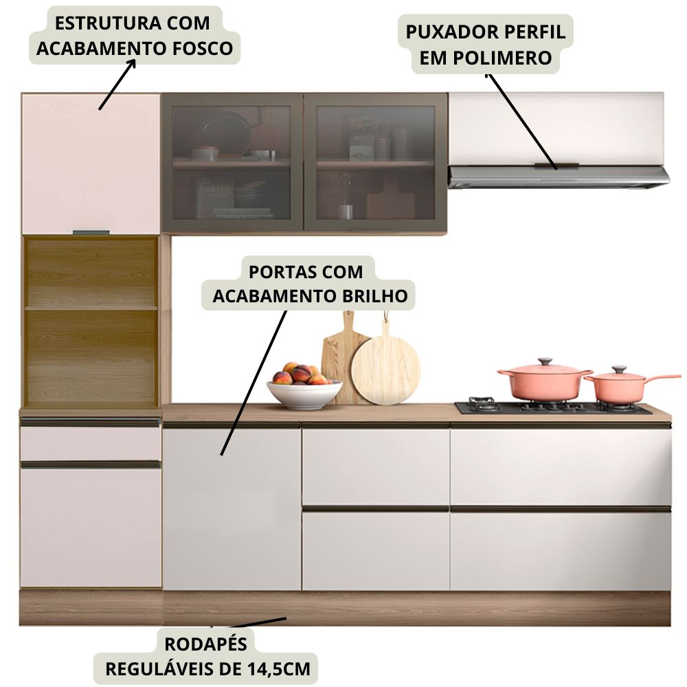 Cozinha 5 Pecas Balcao Tampo 258 cm Etti Carvalho Oak Off White PLN