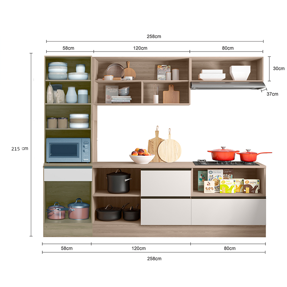 Cozinha 5 Pecas Balcao Tampo 258 cm Etti Carvalho Oak Off White PLN