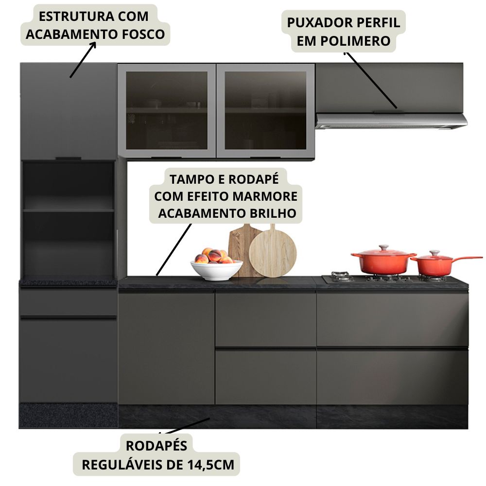 Cozinha 5 Pecas Balcao Tampo 258 cm Etti Grafite PLN