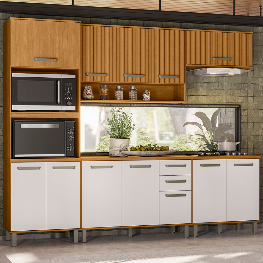 Cozinha 6 Peças Balcão Tampo 270 cm Cria Freijo Ripado Off White PLN