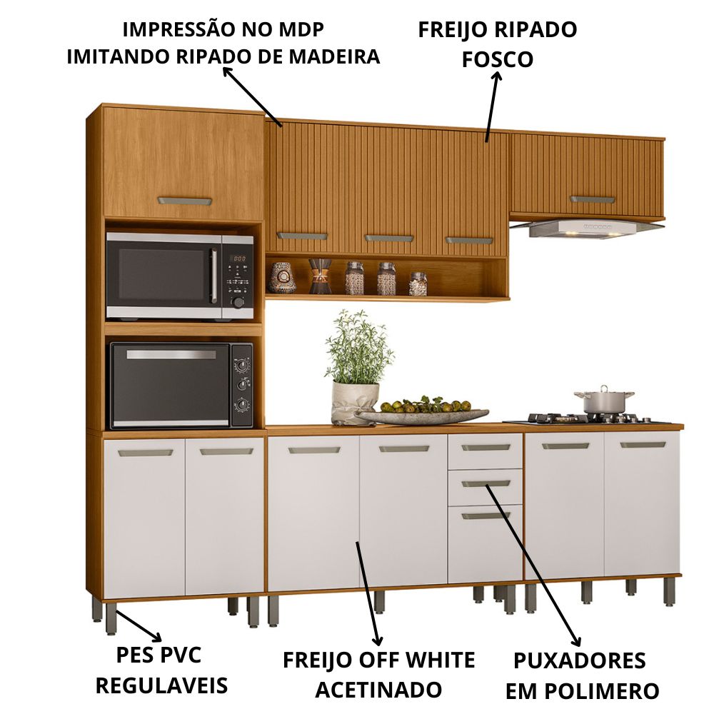 Cozinha 6 Peças Balcão Tampo 270 cm Cria Freijo Ripado Off White PLN