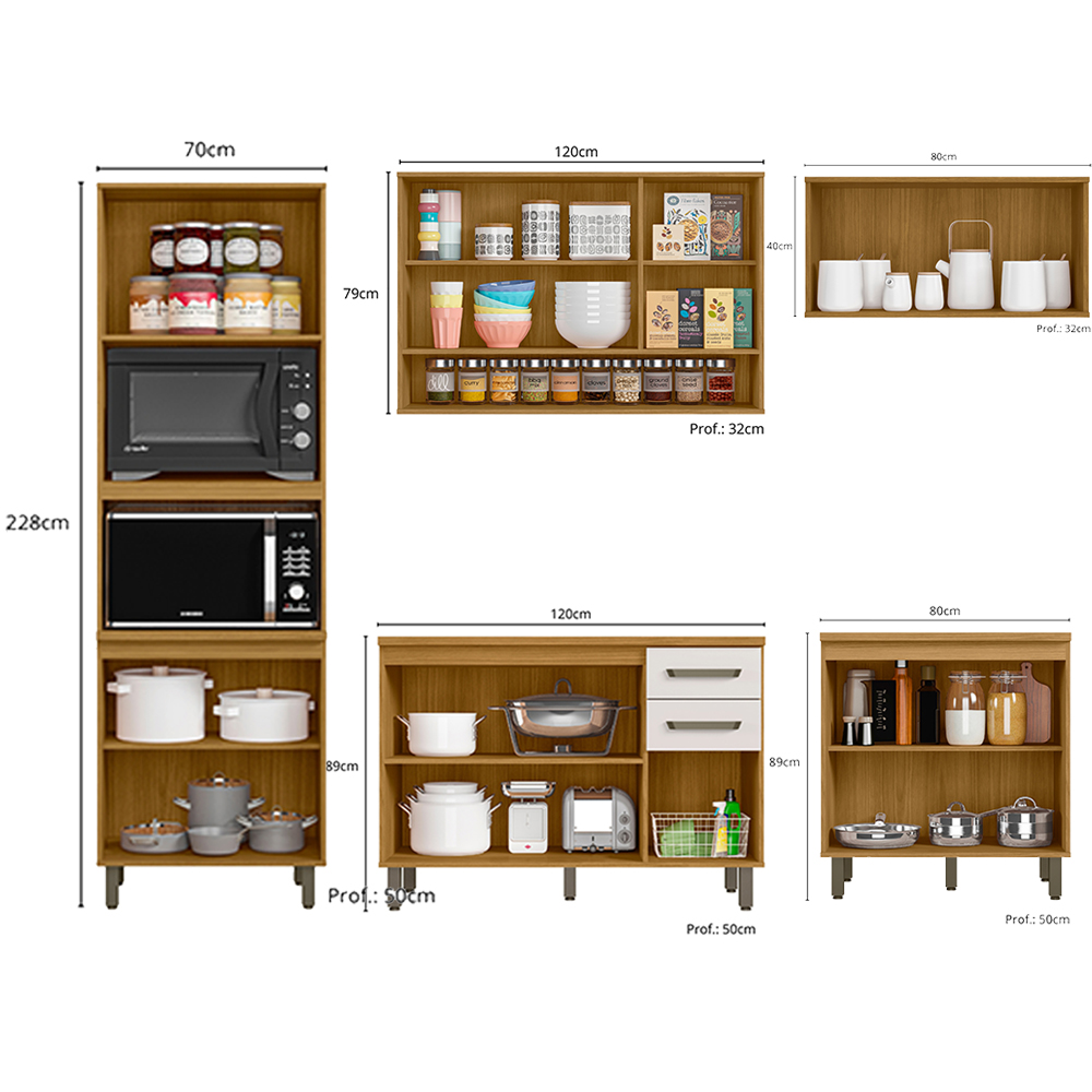 Cozinha 6 Peças Balcão Tampo 270 cm Cria Freijo Ripado Off White PLN