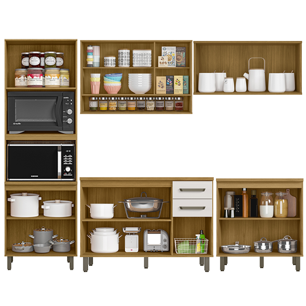Cozinha 6 Peças Balcão Tampo 270 cm Cria Freijo Ripado Off White PLN