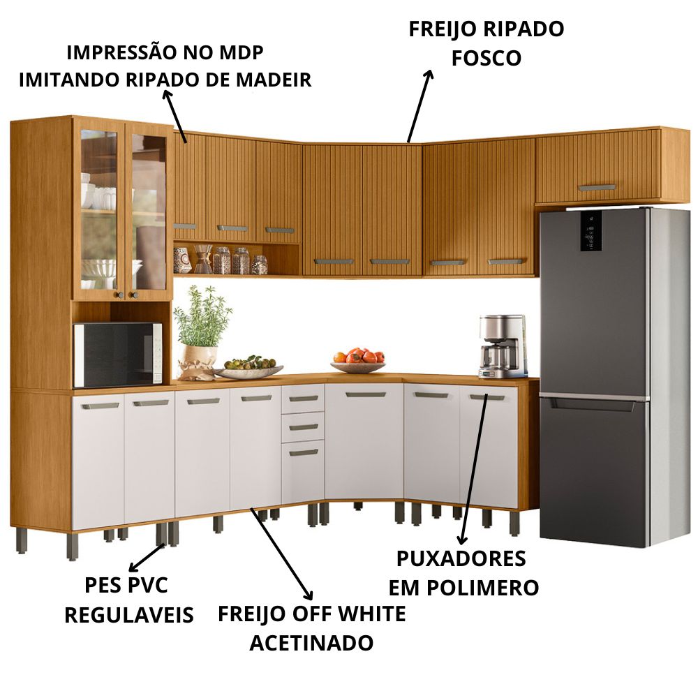 Cozinha 9 Pecas Balcao Tampo 270 cm Cria Freijo Ripado Off White PLN