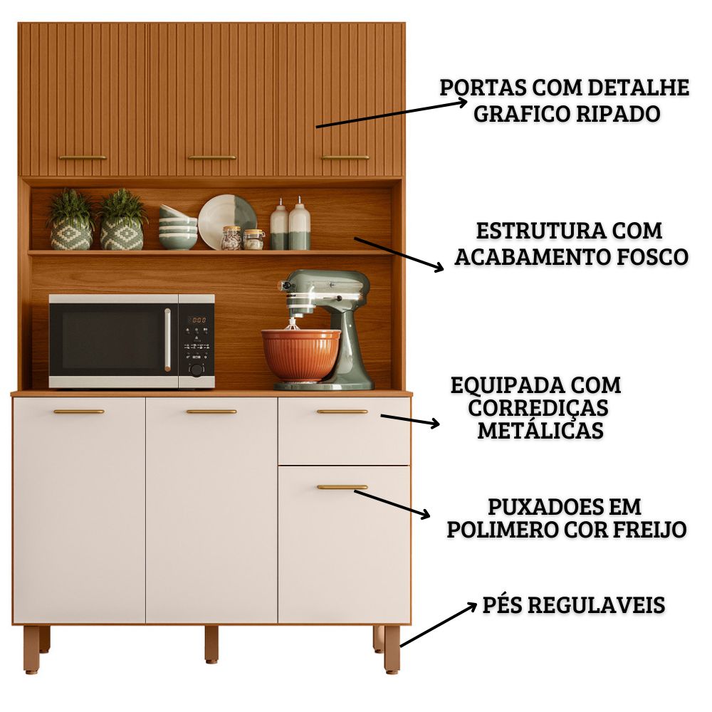 Cozinha Compacta 6P 1G 110 cm Livi Freijo Ripado Off White PLN
