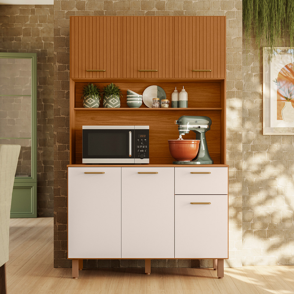 Cozinha Compacta 6P 1G 110 cm Livi Freijo Ripado Off White PLN