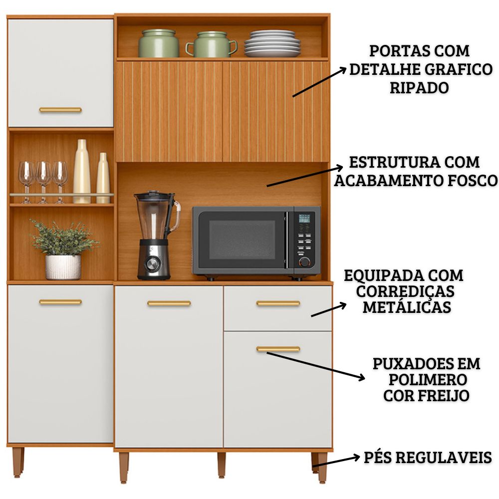 Cozinha Compacta 6P 1G 137 cm Joly Freijo Off White Ripado PLN