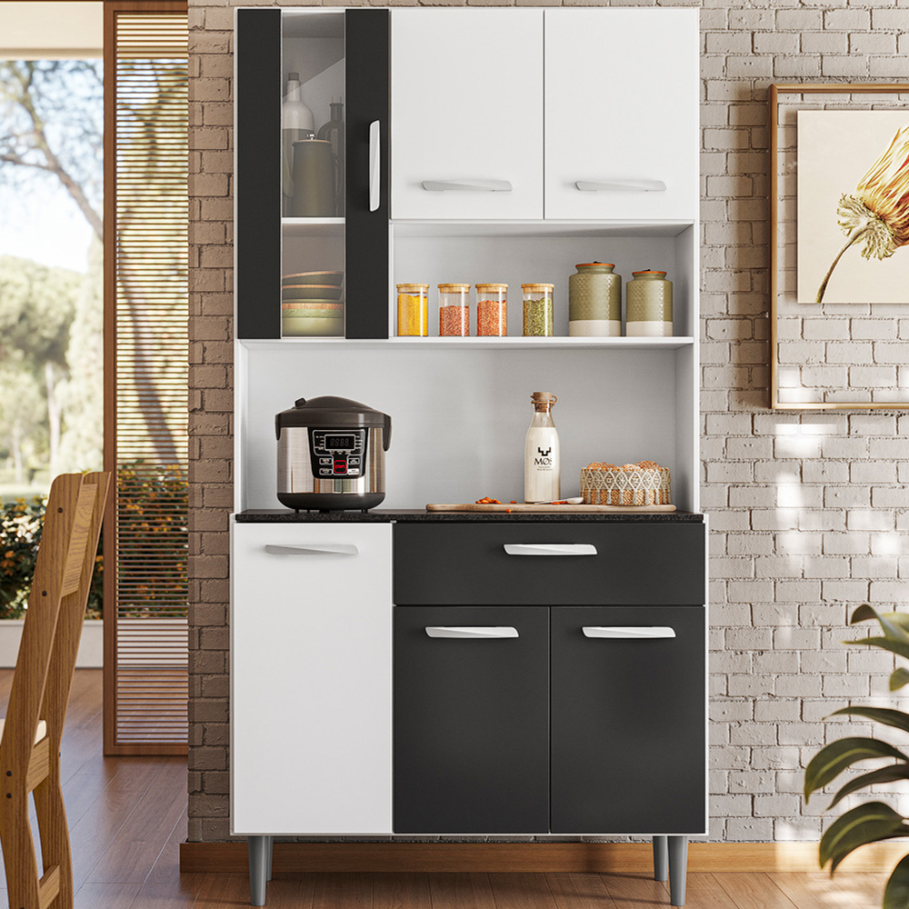 Cozinha Compacta 6P 1G 91 cm Coral Branco Preto PLN