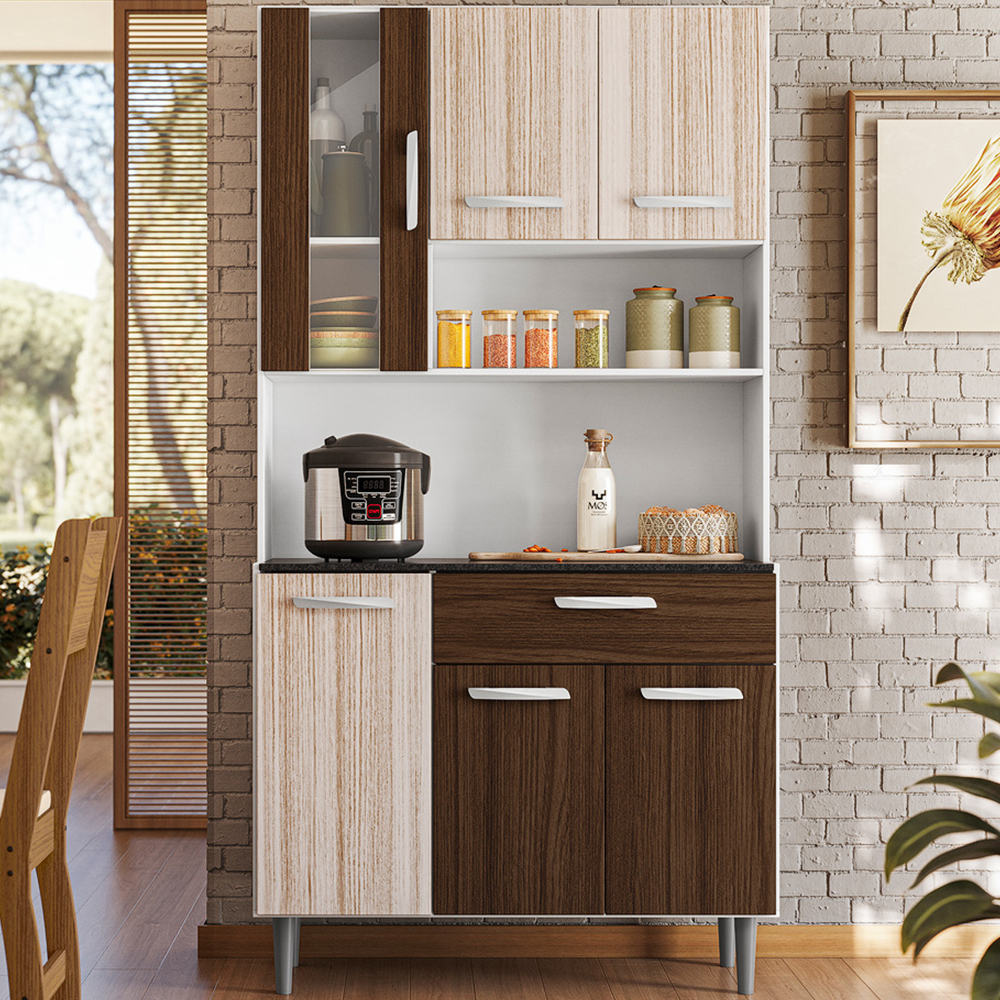 Cozinha Compacta 6P 1G 91 cm Coral Branco Rovere Amendoa PLN