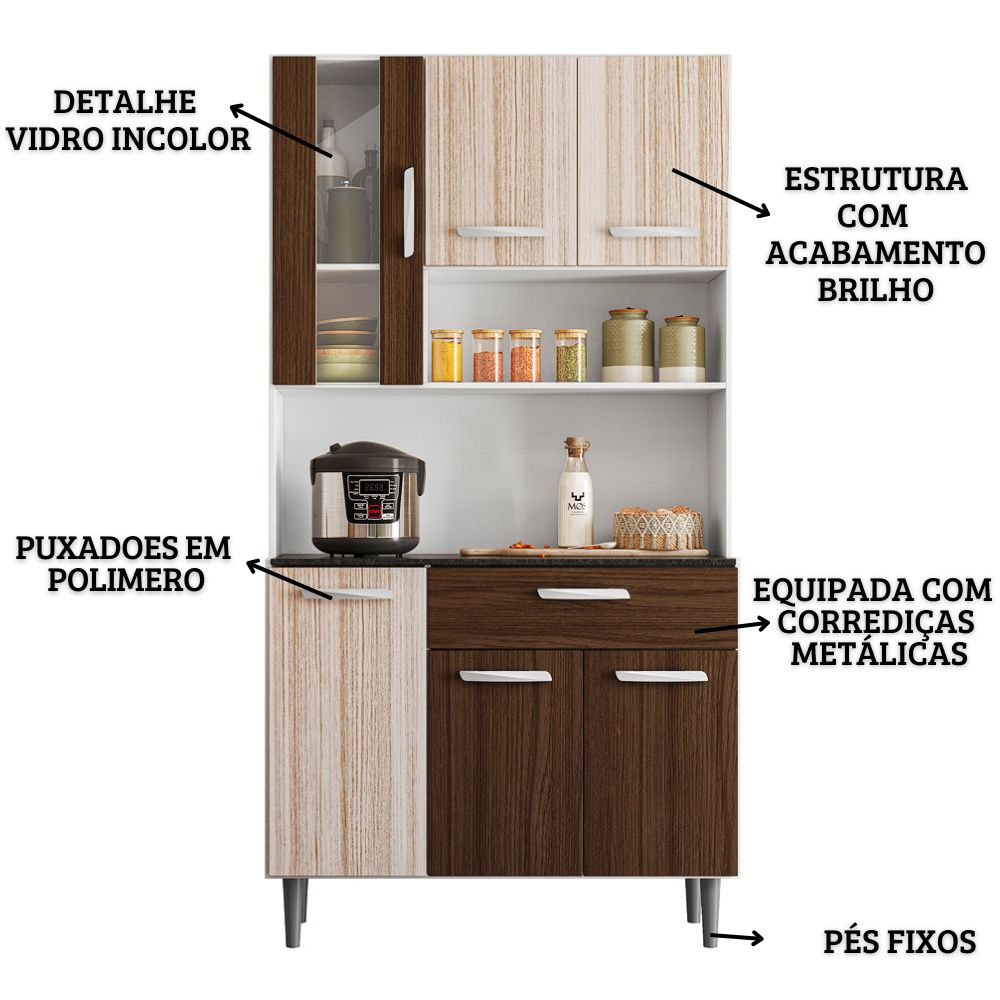 Cozinha Compacta 6P 1G 91 cm Coral Branco Rovere Amendoa PLN