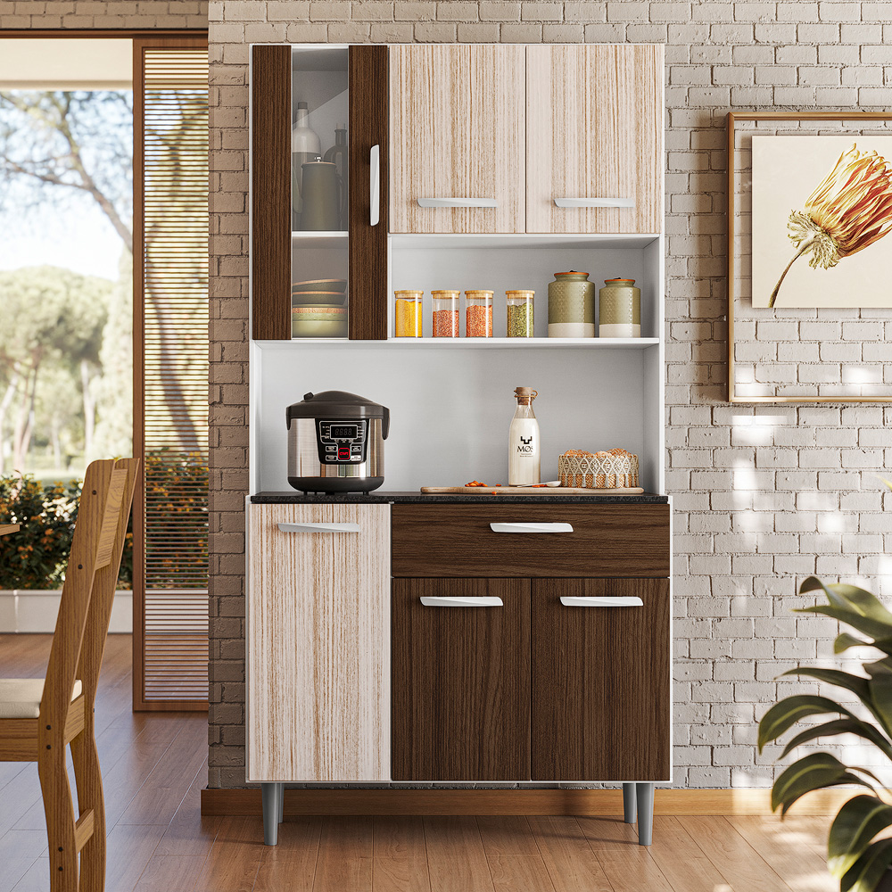 Cozinha Compacta 6P 1G 91 cm Coral Branco Rovere Amendoa PLN