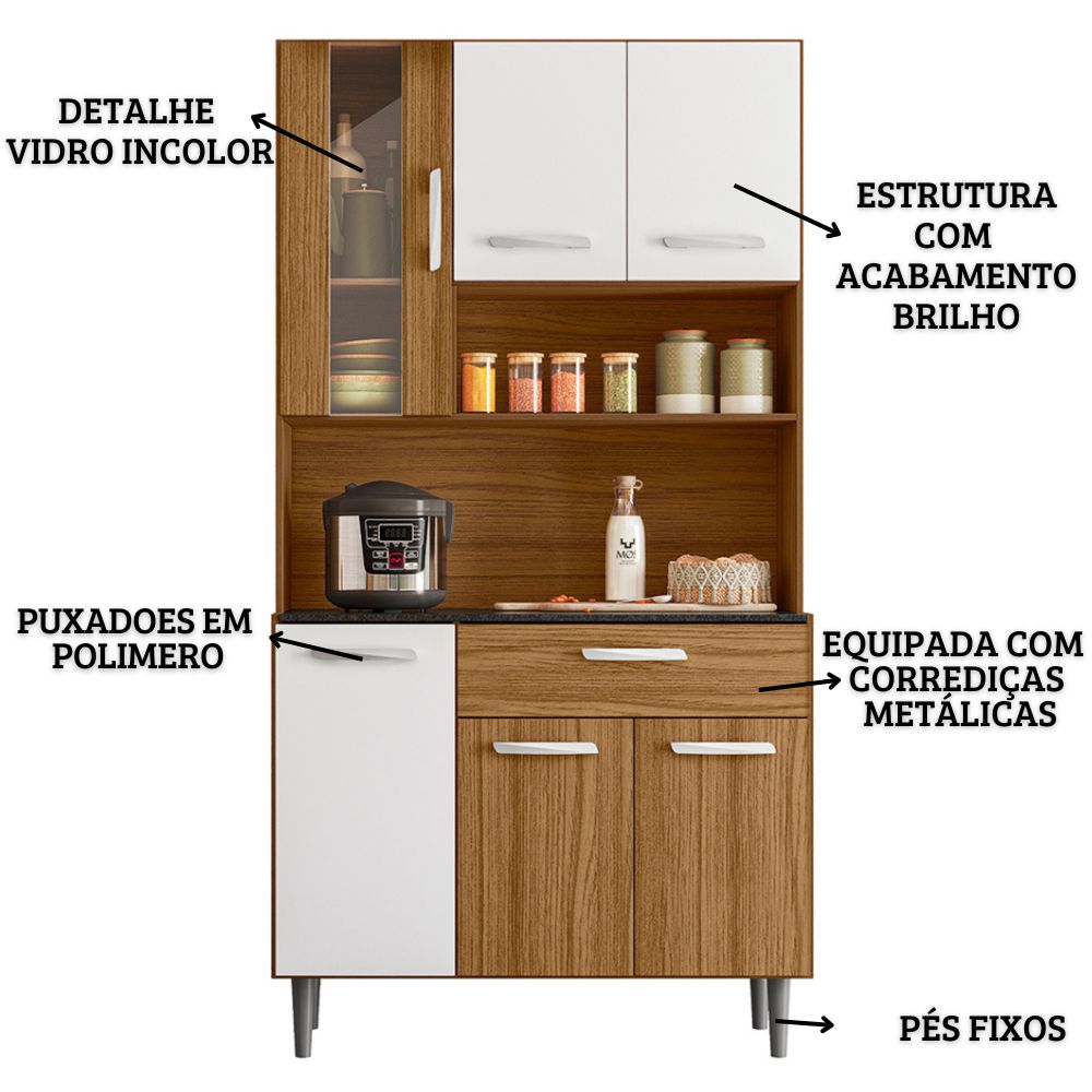Cozinha Compacta 6P 1G 91 cm Coral Carvalho Branco PLN