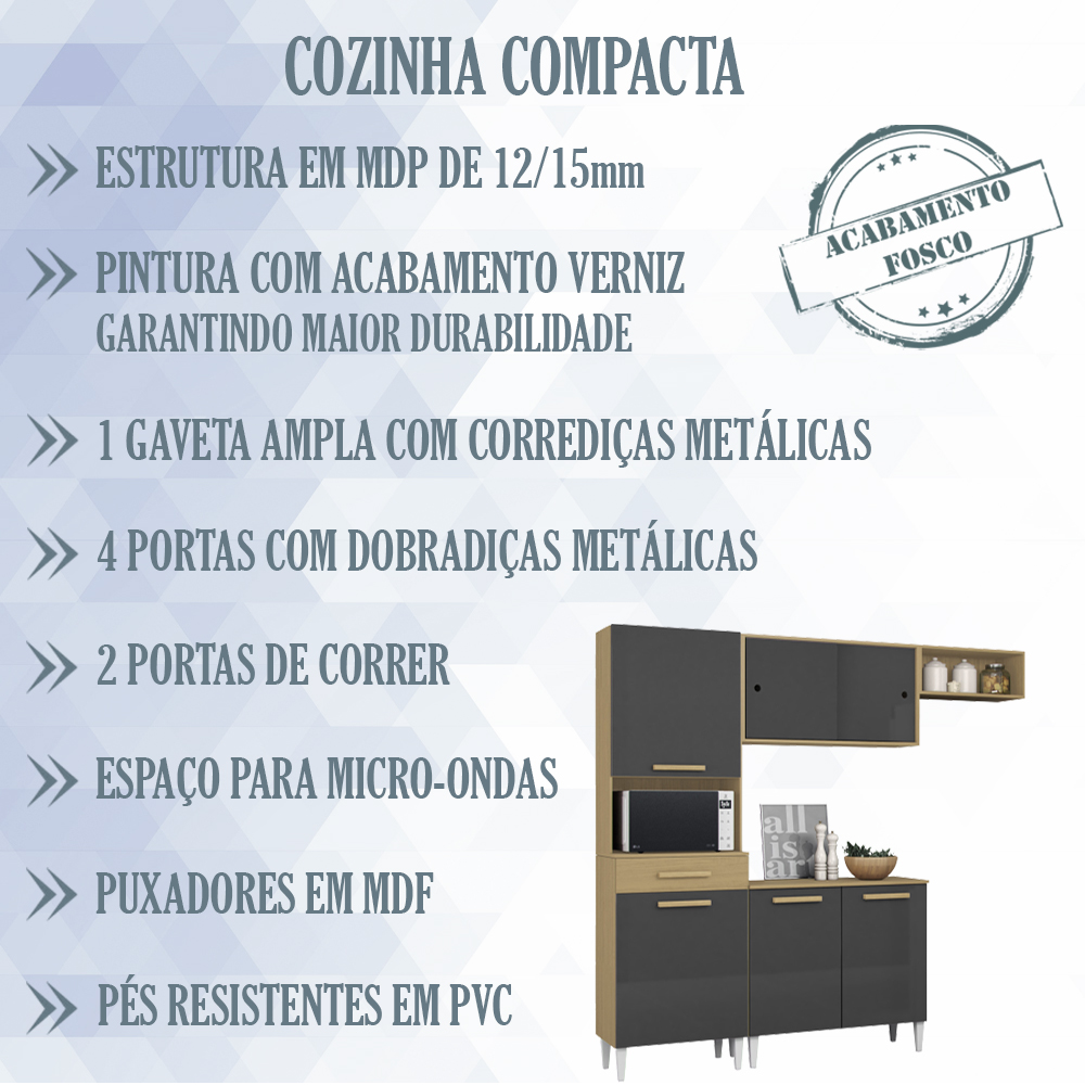 Cozinha Compacta Com Balcao 2002113x14 Atacama Grafite ARMoveis