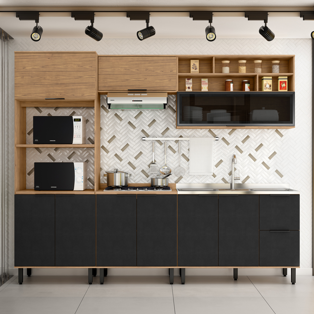 Cozinha Modulada 05 Pecas MDF 280 cm Tosc Freijo Nero MXM