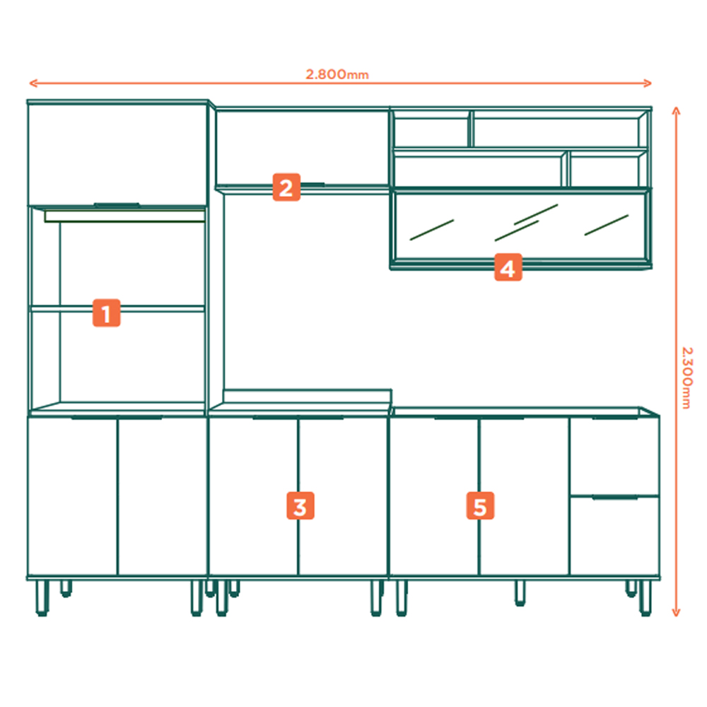 Cozinha Modulada 05 Pecas MDF 280 cm Tosc Freijo Nero MXM