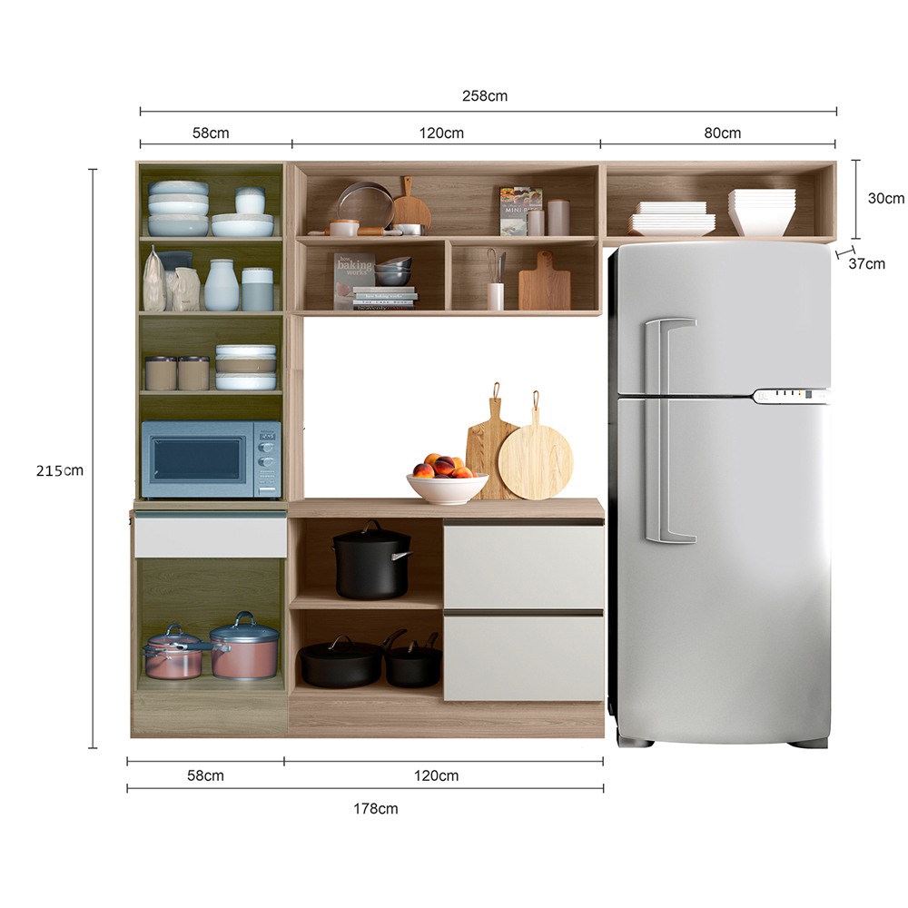 Cozinha Modulada 4 Pecas 258 cm Etti Carvalho Oak Off White PLN