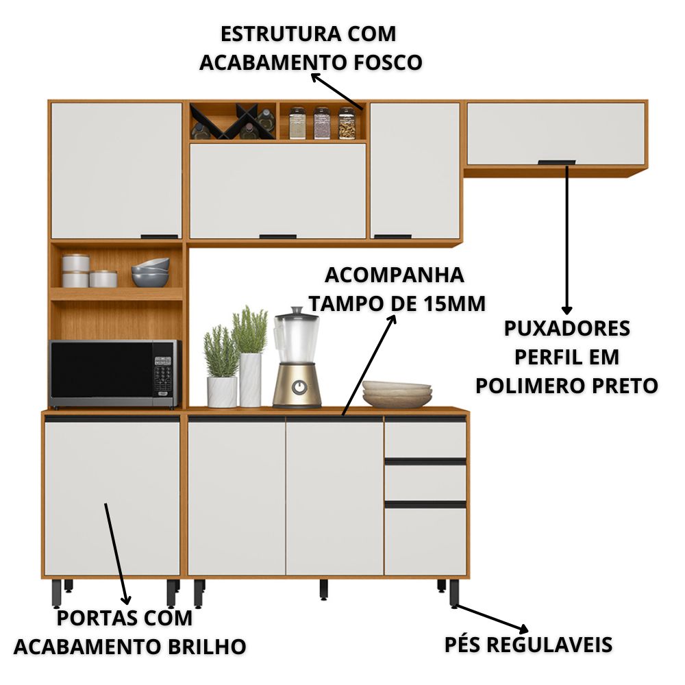 Cozinha Modulada 4 Pecas 260 cm Raven Freijo Off White PLN