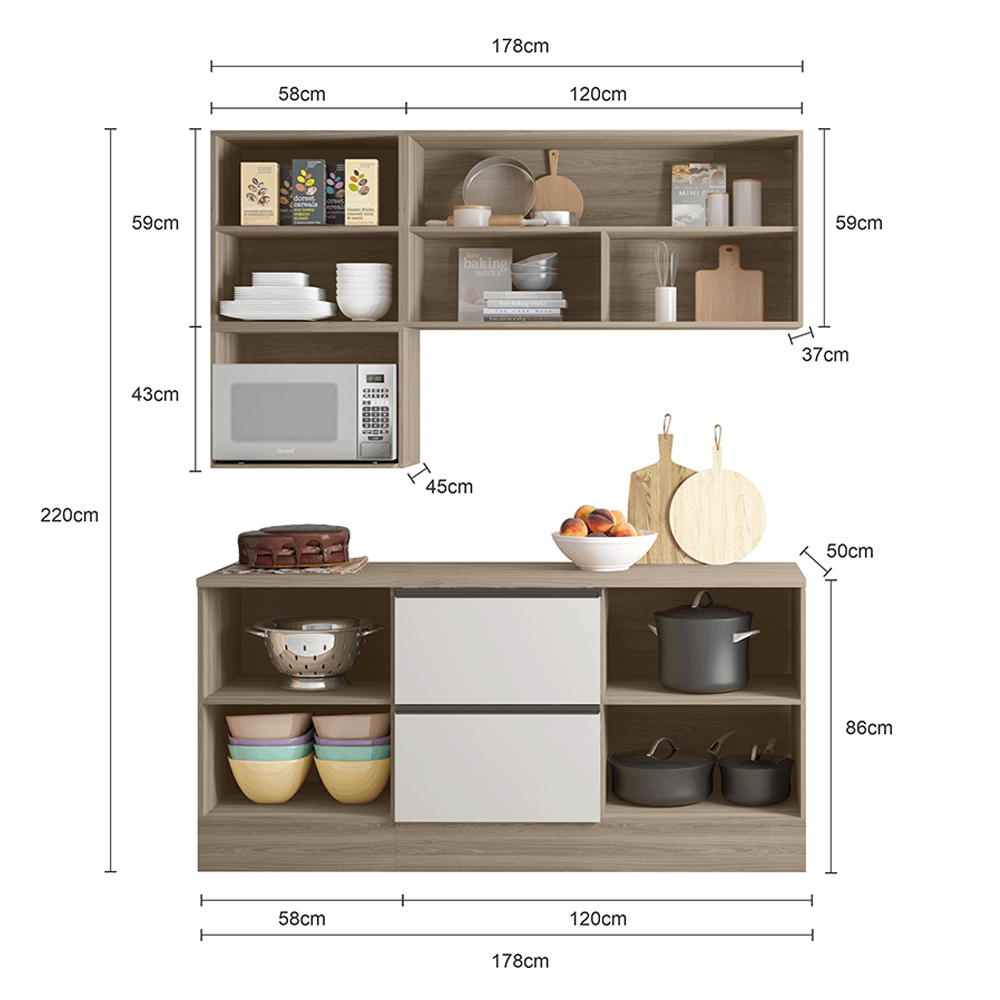 Cozinha Modulada 5 Peças 178 cm Etti Carvalho Oak Off White PLN