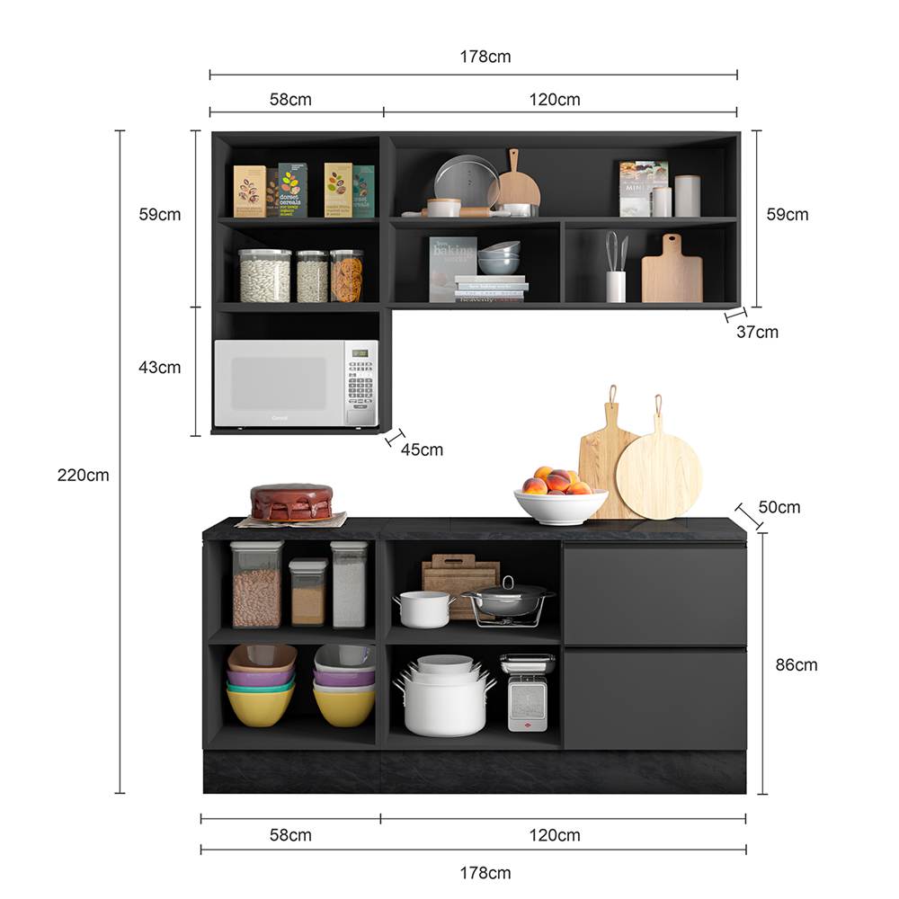 Cozinha Modulada 5 Peças 178 cm Etti Grafite PLN