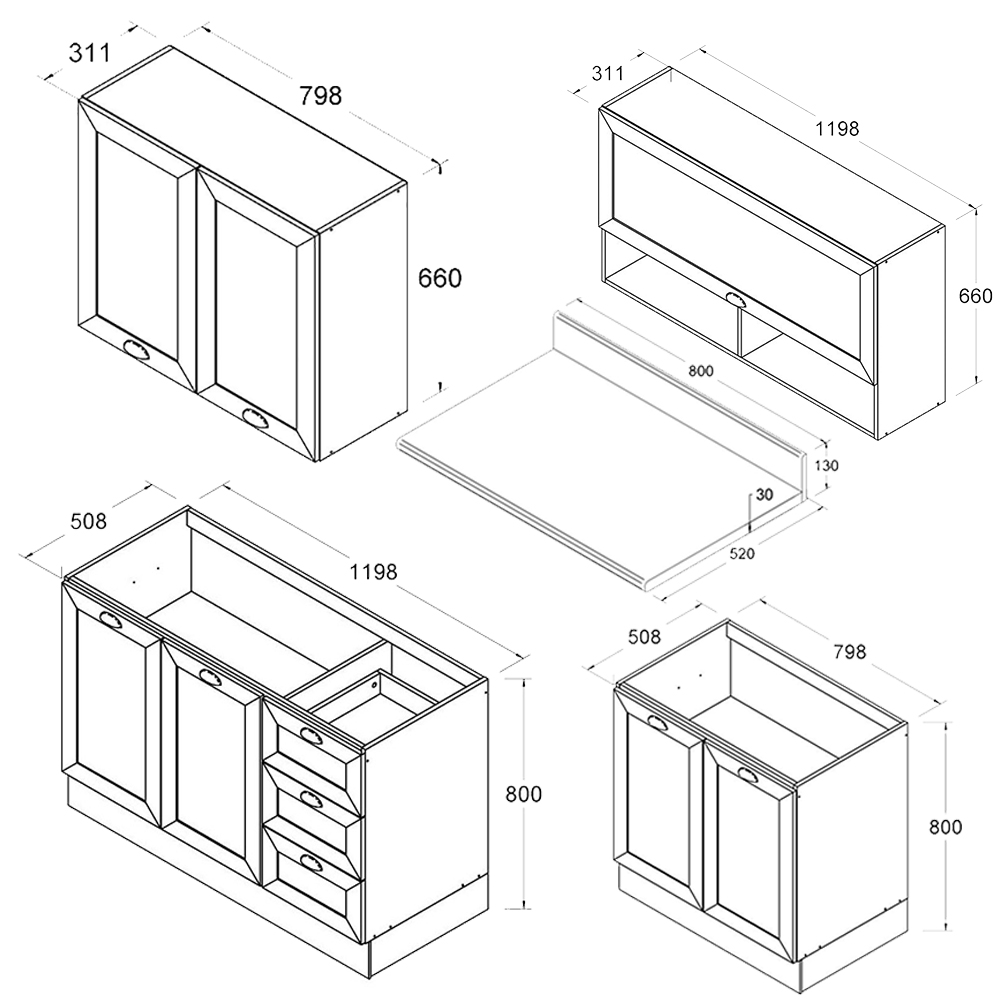 Cozinha Modulada 5 Pecas 200 cm DENV Balcao Pia Branco Rivera Dtall