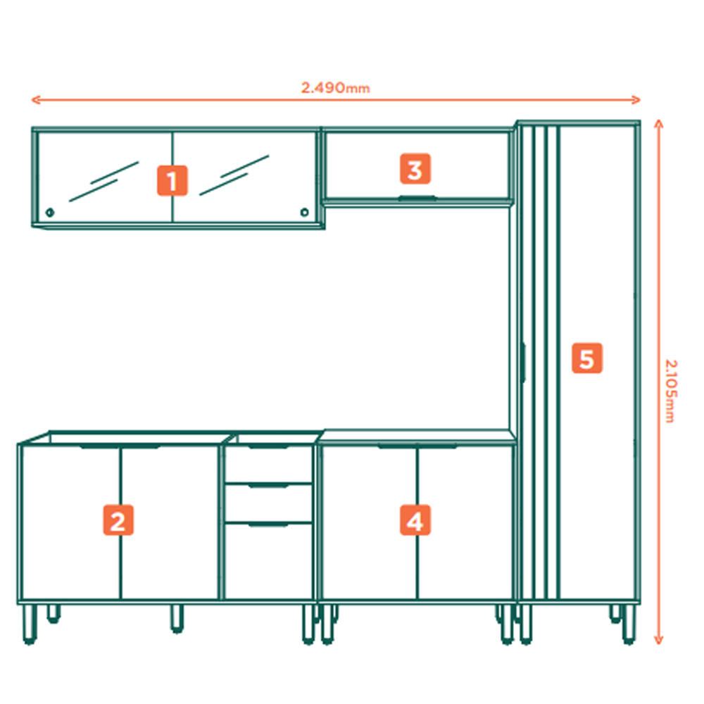 Cozinha Modulada 5 Pecas 249 cm MDP GLOR Branco Neve MXM