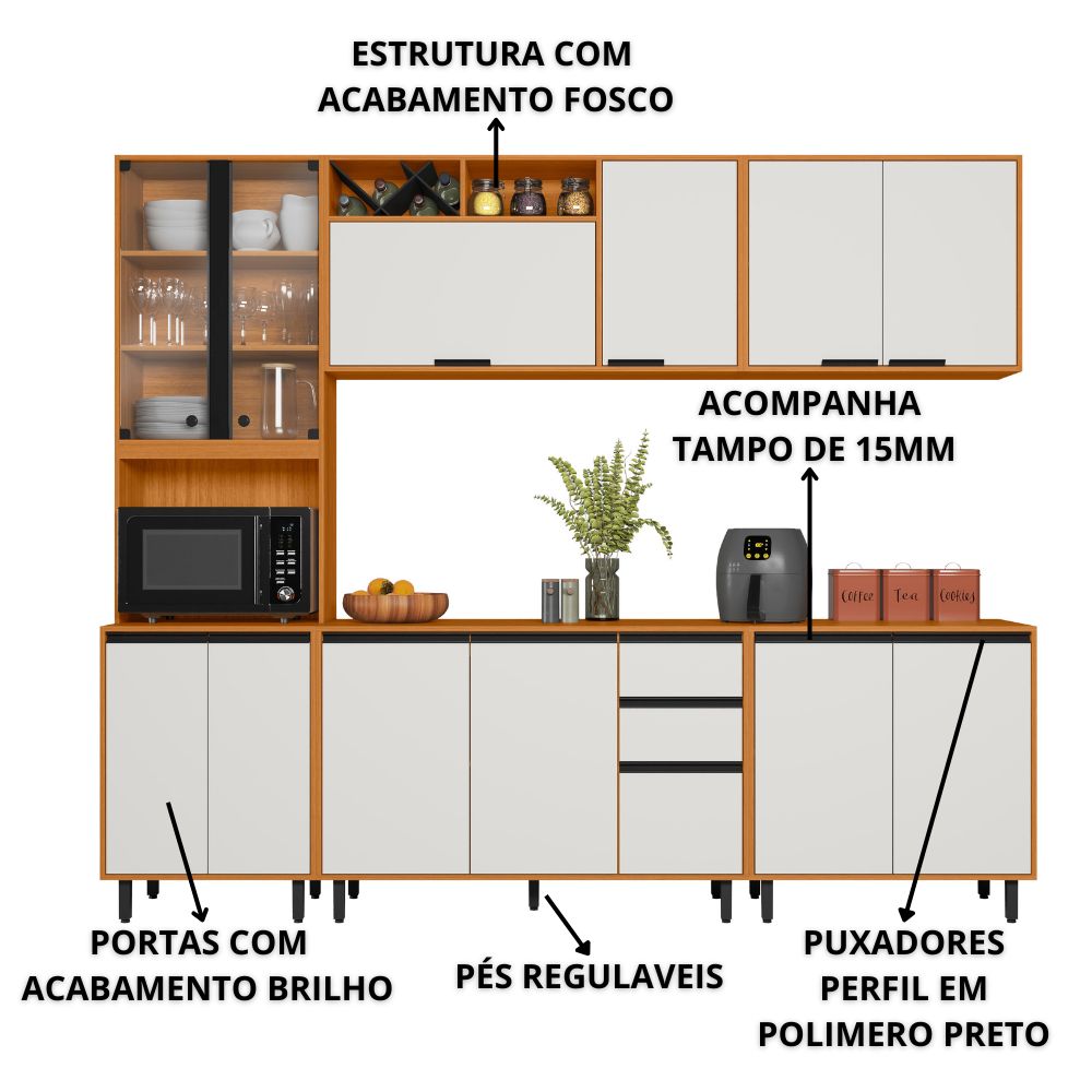 Cozinha Modulada 5 Pecas 260 cm Raven Freijo Off White PLN
